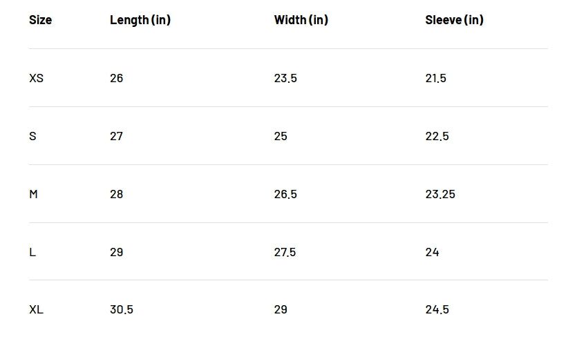 Size chart Bow Hoodie