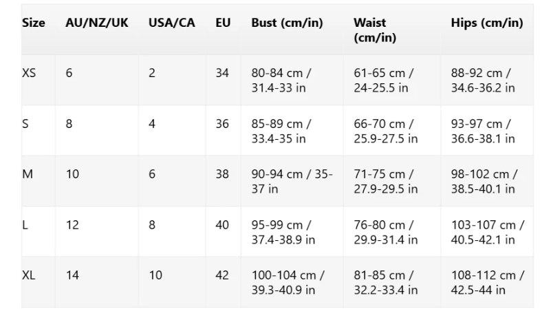 Size chart Athene Midi Dress