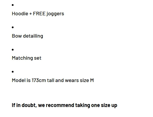 Size chart Bow Detail Set